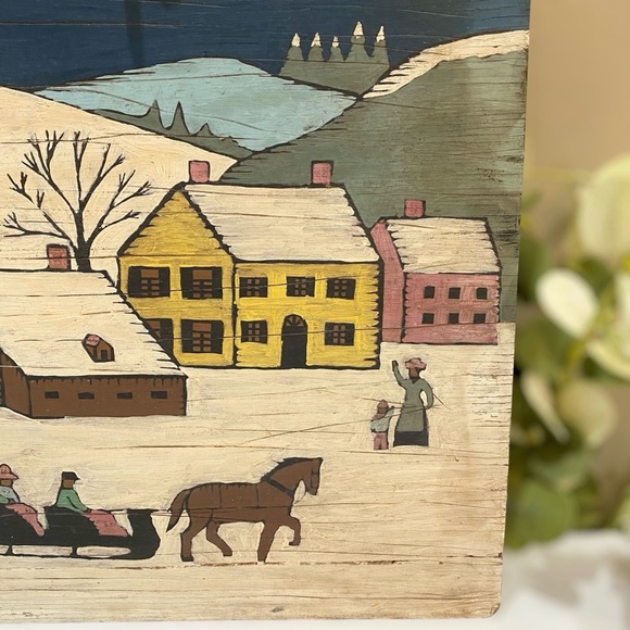 Vintage Folk Art Sleigh Ride Painting on Board 16 x 12 American Snow Horse Farm - Picture 6 of 11